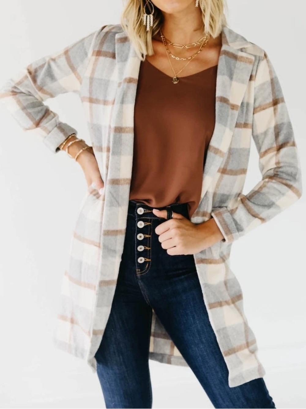 Mod Boutique Gray Cream & Brown Plaid Open-Front Longline Jacket Harvest Style